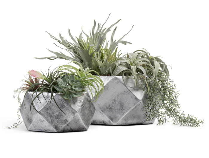 Кашпо TREEZ ERGO - Rombo - Низкая чаша-многогранник - Состаренное серебро фото